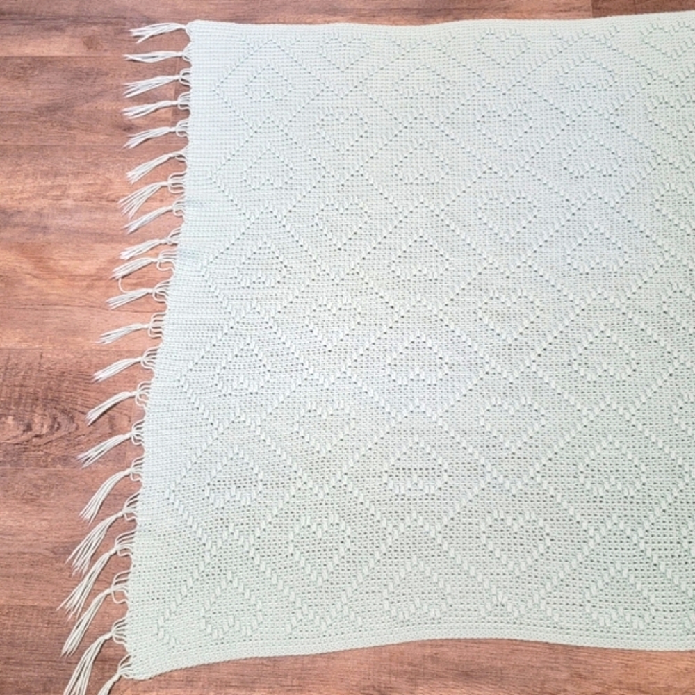 Afghan Throw Crochet Textured Hearts Farmhouse Blanket w Fringe 43x65 Lt Green